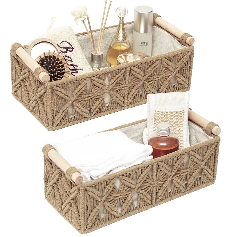 HOSROOME Macrame Storage Basket Boho Decor Baskets for Organizing Woven Decorative Basket for Countertop Toilet Paper Basket for Toilet Tank Top Shelf Basket with Handle for Bathroom Decor Nursery (Set of 2) - Image 1